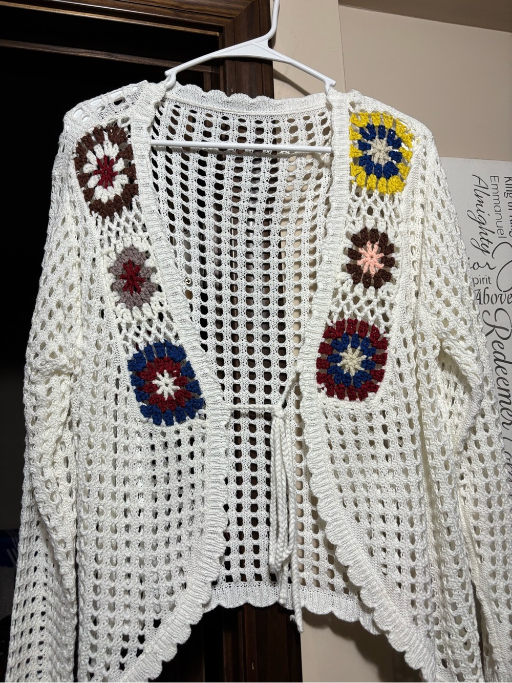 BloomChic White Crochet Open-Front Cardigan with Multicolor Motifs